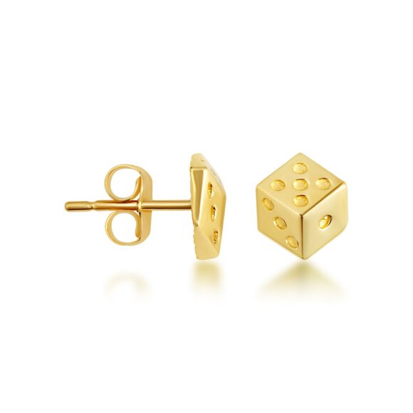 14K Solid Yellow Gold Small Lucky Dice Stud Earrings
